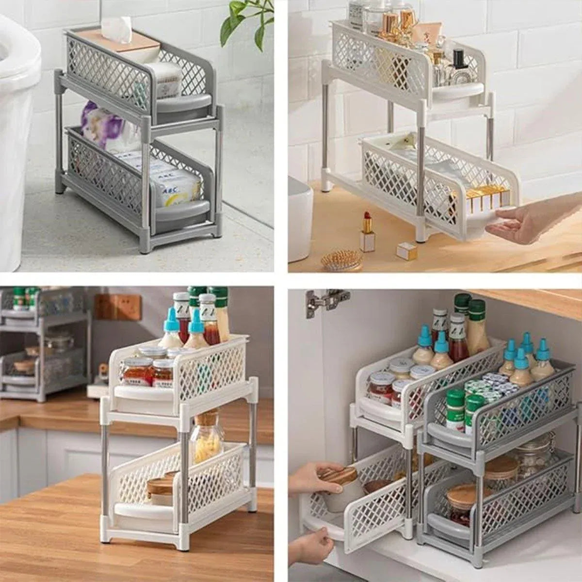 Bathroom Kitchen Sink Storage Rack Drawer Plastic Shelf Seasoning Holder - White