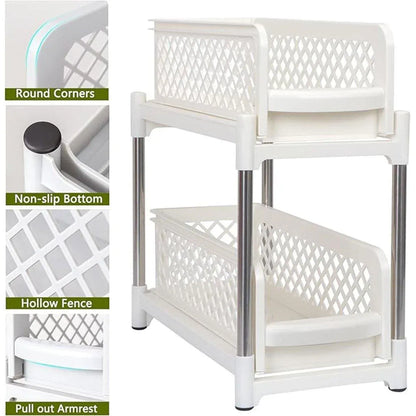 Bathroom Kitchen Sink Storage Rack Drawer Plastic Shelf Seasoning Holder - White