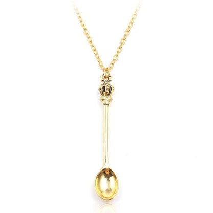 Mini Crown Spoon Necklace Pendant Charm Festival Cutlery Tea Party Gift - Gold