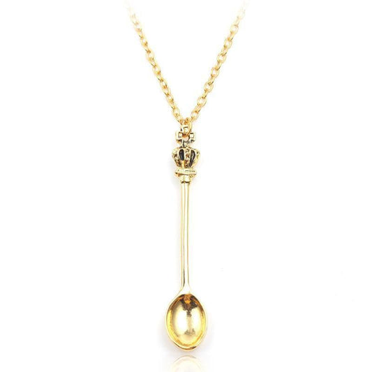 Mini Crown Spoon Necklace Pendant Charm Festival Cutlery Tea Party Gift - Gold