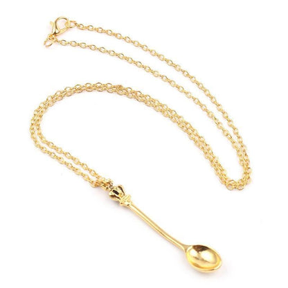 Mini Crown Spoon Necklace Pendant Charm Festival Cutlery Tea Party Gift - Gold