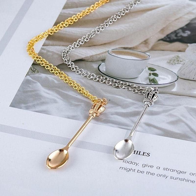 Mini Crown Spoon Necklace Pendant Charm Festival Cutlery Tea Party Gift - Gold