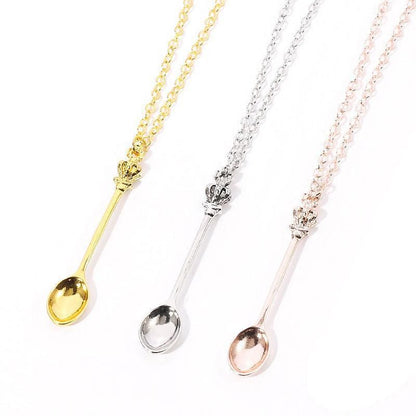Mini Crown Spoon Necklace Pendant Charm Festival Cutlery Tea Party Gift - Gold