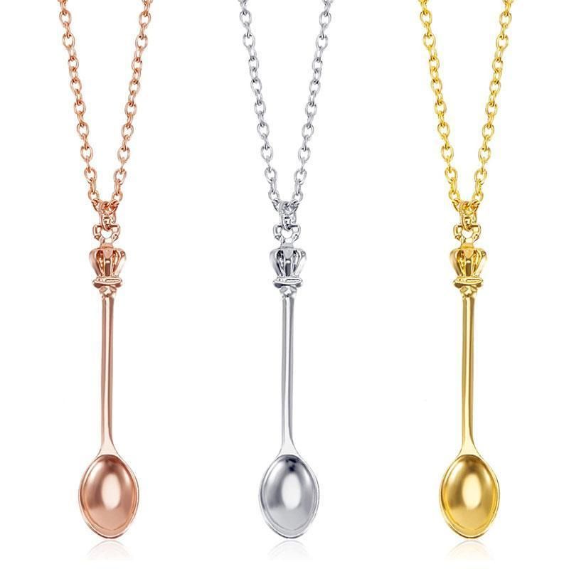 Mini Crown Spoon Necklace Pendant Charm Festival Cutlery Tea Party Gift - Rose Gold
