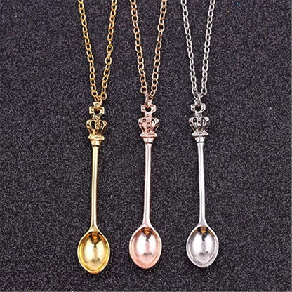 Mini Crown Spoon Necklace Pendant Charm Festival Cutlery Tea Party Gift - Rose Gold