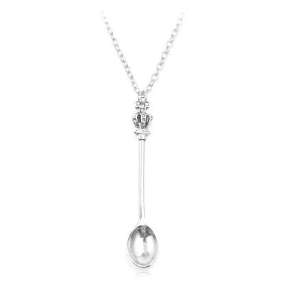 Mini Crown Spoon Necklace Pendant Charm Festival Cutlery Tea Party Gift - Silver