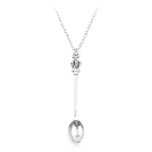 Mini Crown Spoon Necklace Pendant Charm Festival Cutlery Tea Party Gift - Silver