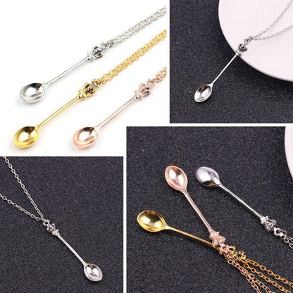 Mini Crown Spoon Necklace Pendant Charm Festival Cutlery Tea Party Gift - Silver