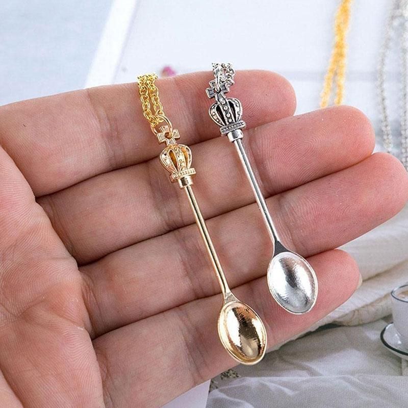 Mini Crown Spoon Necklace Pendant Charm Festival Cutlery Tea Party Gift - Silver