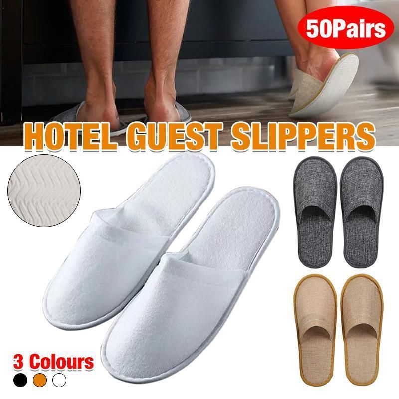 50 Pairs SPA Hotel Guest Slippers Closed Toe Disposable Terry Style Linen - Khaki