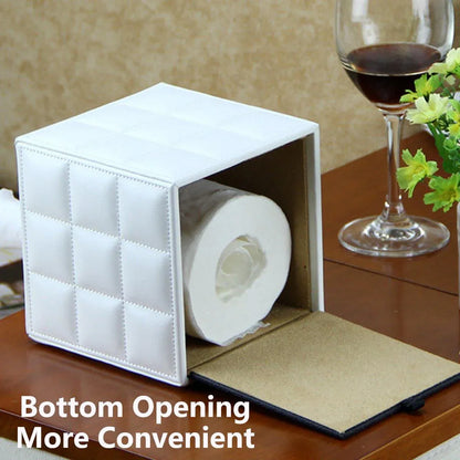 Luxury Leather Square Tissue Box Living Room Hotel Roll Paper Tube Holder - White