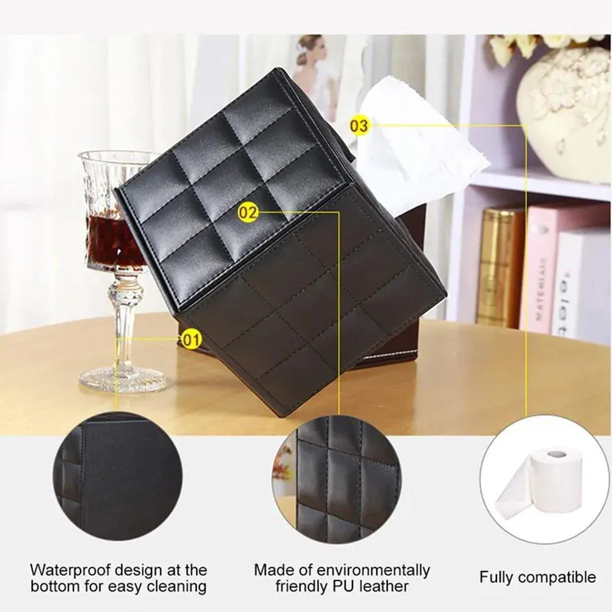 Luxury Leather Square Tissue Box Living Room Hotel Roll Paper Tube Holder - White