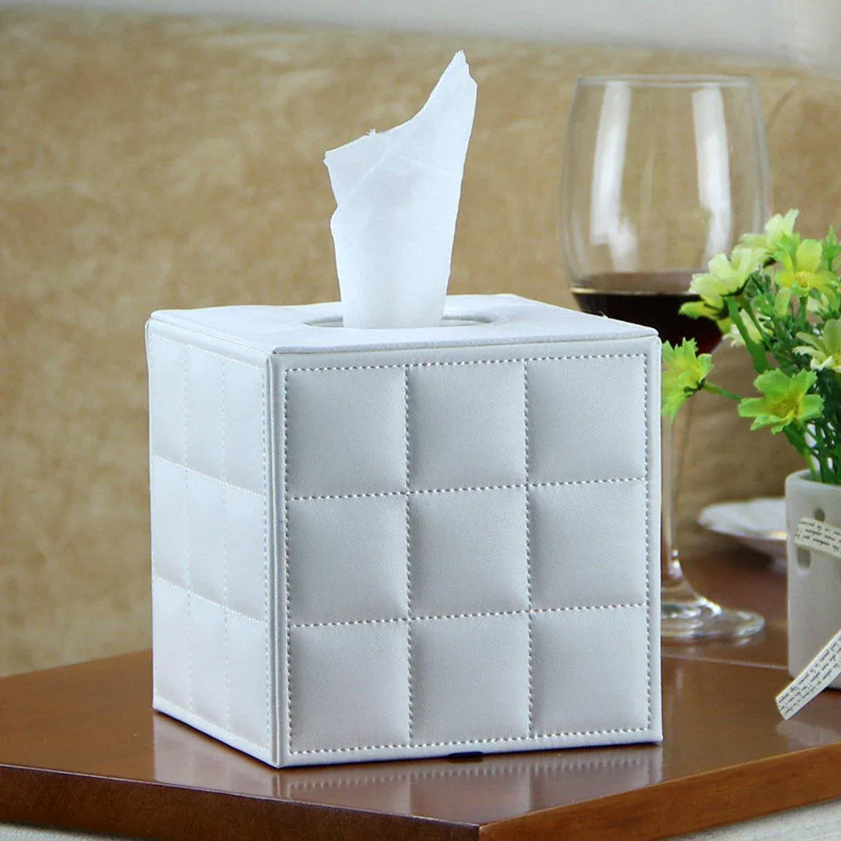 Luxury Leather Square Tissue Box Living Room Hotel Roll Paper Tube Holder - White