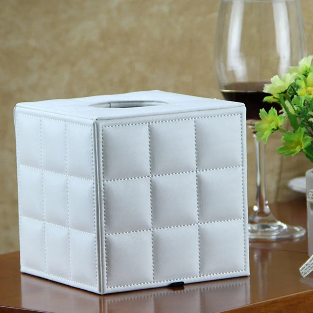 Luxury Leather Square Tissue Box Living Room Hotel Roll Paper Tube Holder - White