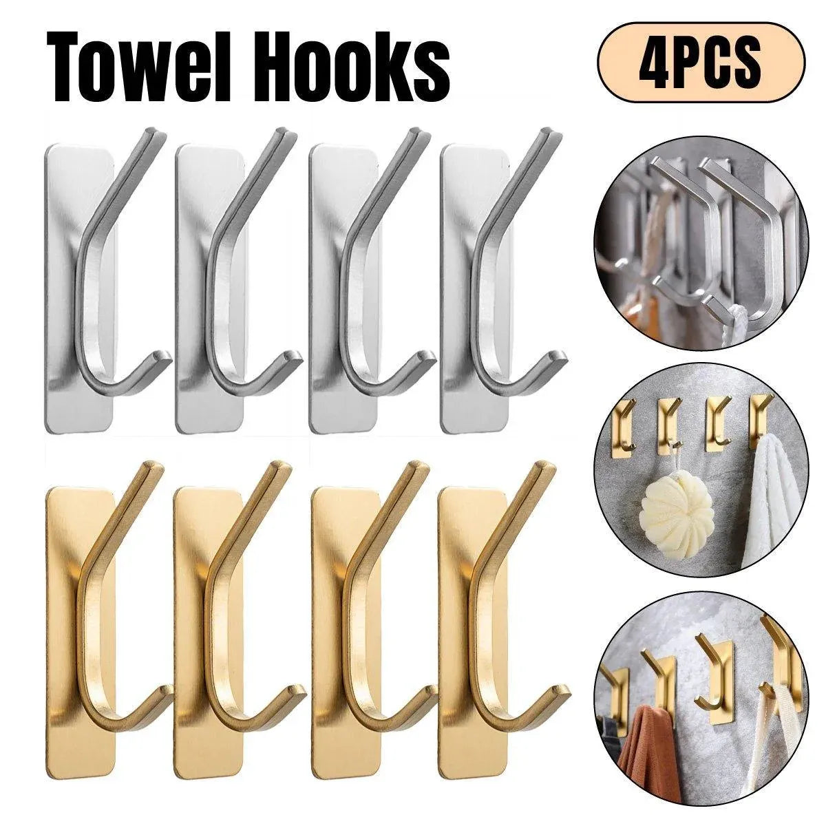4pcs Stainless Steel Adhesive Hook Towel Hook Bathroom Kitchen Door Coat Hook - Gold