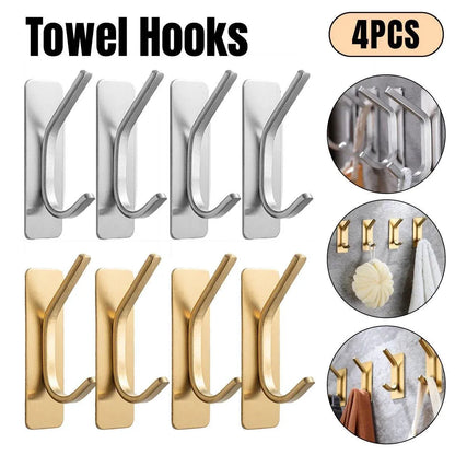 4pcs Stainless Steel Adhesive Hook Towel Hook Bathroom Kitchen Door Coat Hook - Gold