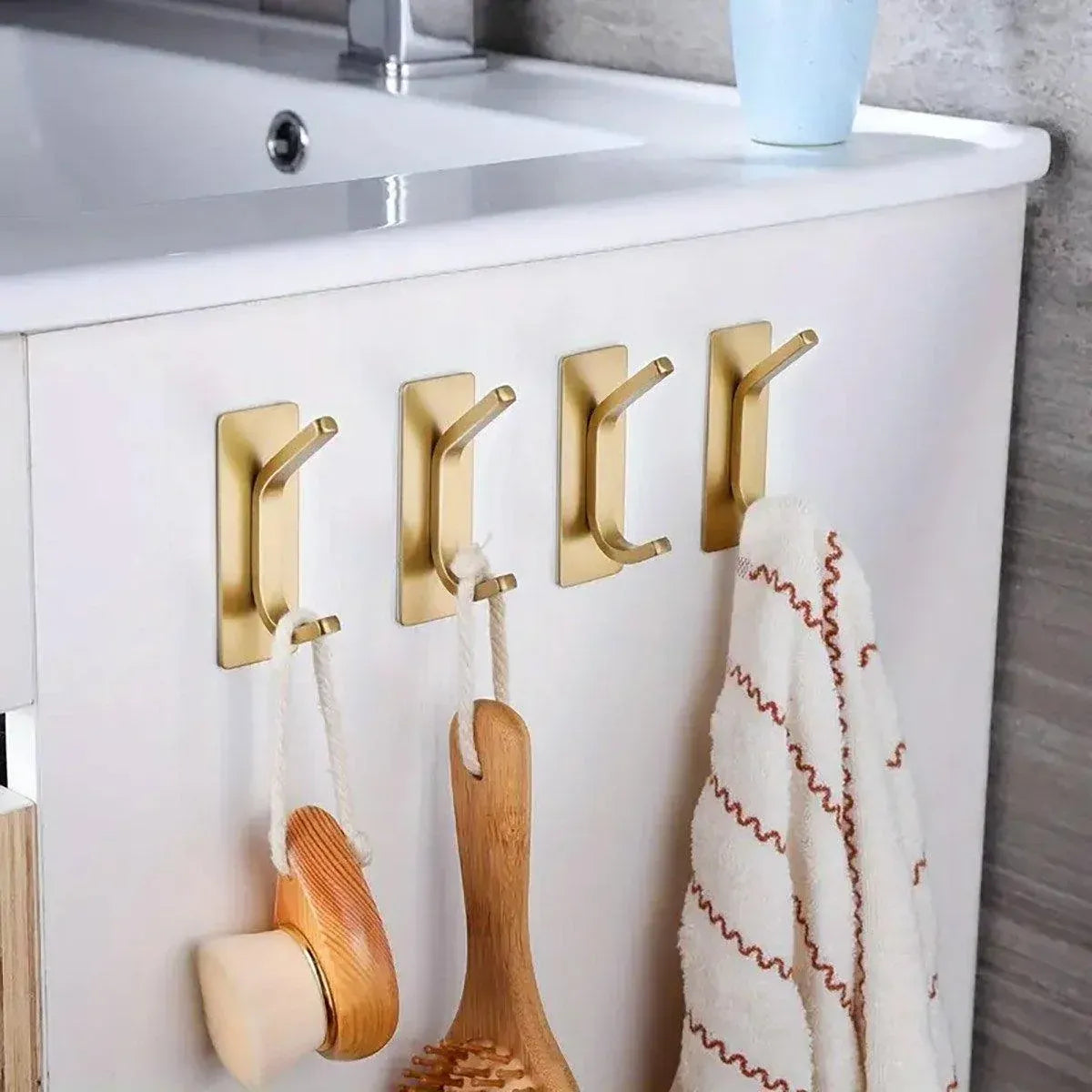 4pcs Stainless Steel Adhesive Hook Towel Hook Bathroom Kitchen Door Coat Hook - Gold