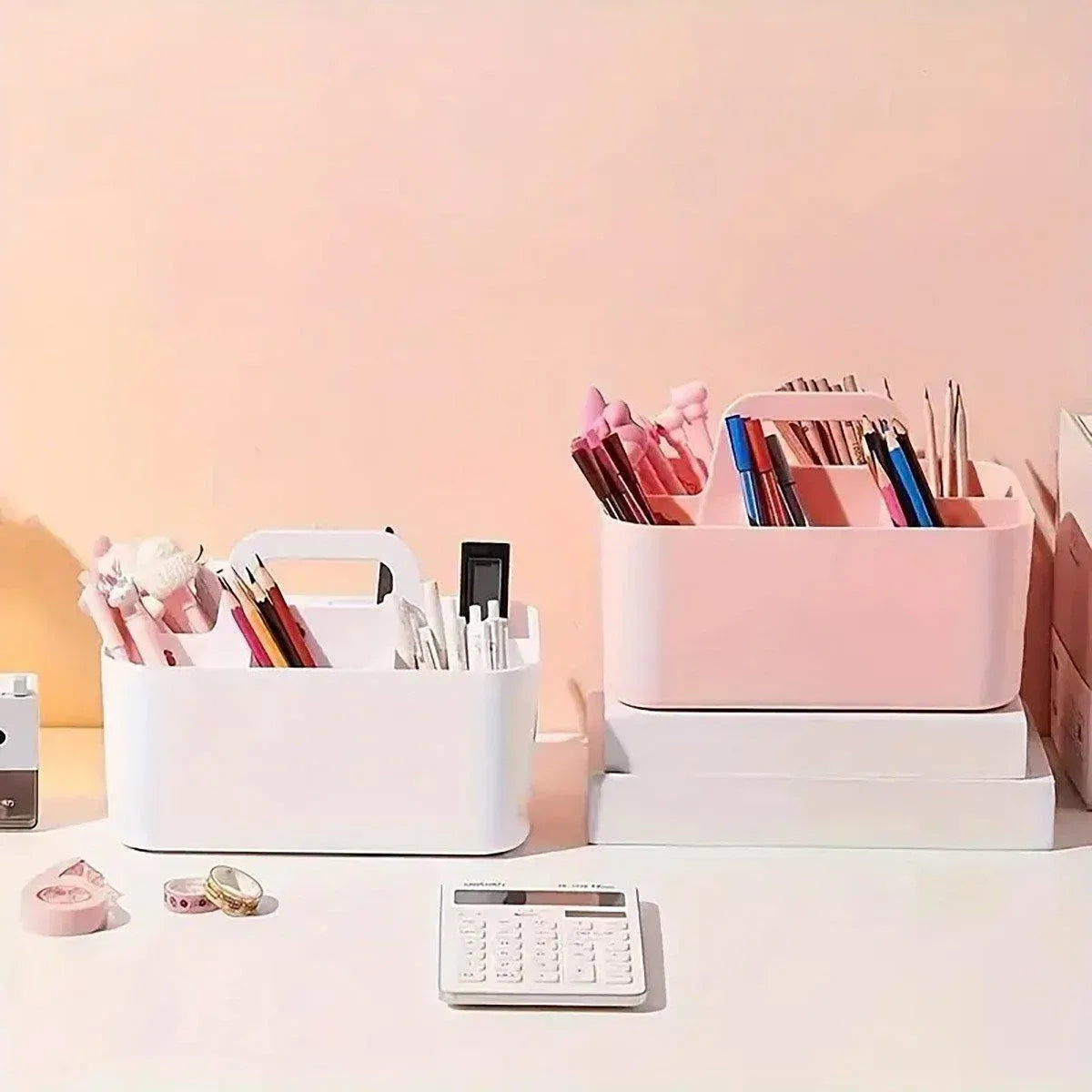 Multi Functional Desktop Organizer Compartmentalized Storage Box Portable Basket - Pink