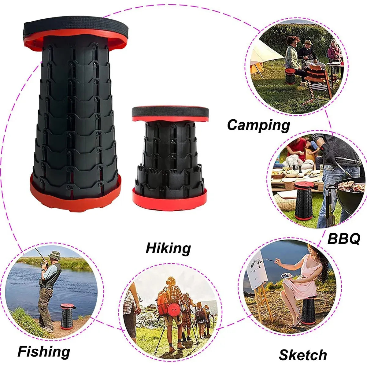 Portable Telescopic Folding Stool Travel Outdoor Seat Compact Retractable Chair - Red