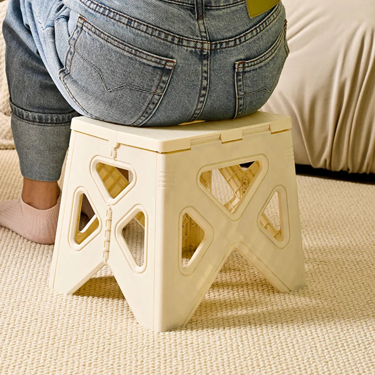 Portable Folding Plastic Stool Lightweight Step Chair for Outdoor Camping or Kitchen - White
