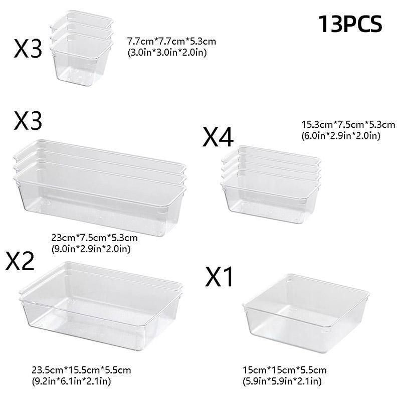 Transparent Plastic Drawer Organiser Set Multifunctional Desktop Storage Box - 13PCS