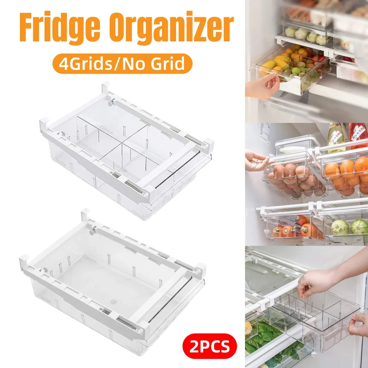 2Pcs Refrigerator Storage Drawer Fridge Organizer Rack Kitchen Egg Holder Space - No Grid