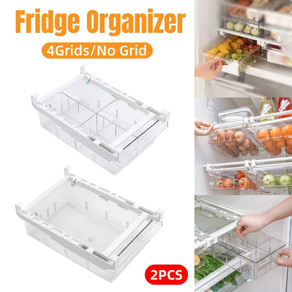 2Pcs Refrigerator Storage Drawer Fridge Organizer Rack Kitchen Egg Holder Space - No Grid