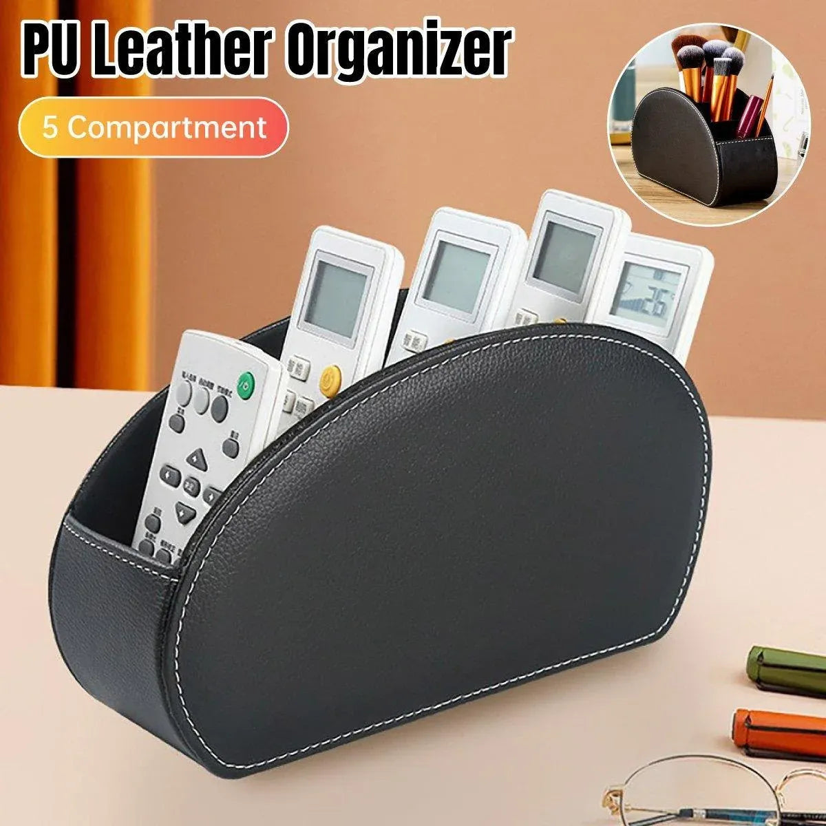 PU Leather Desktop Organiser Remote Control Office Cosmetic Storage Box Holder