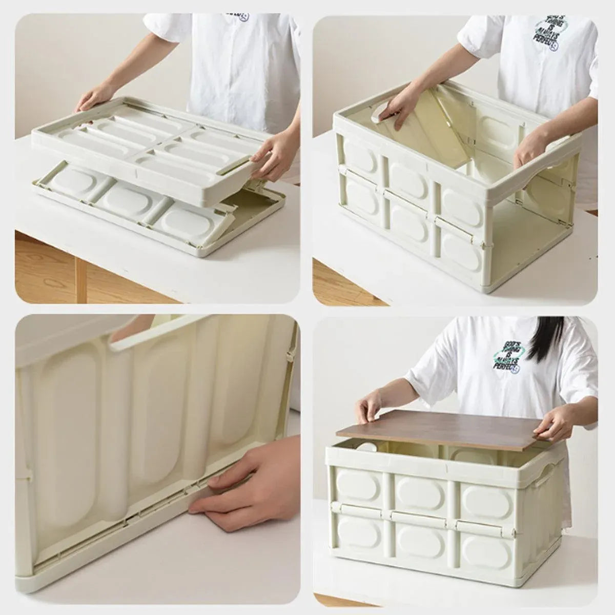 Folding Camping Storage Box Outdoor Stackable Container with Lid Home Organizer - White