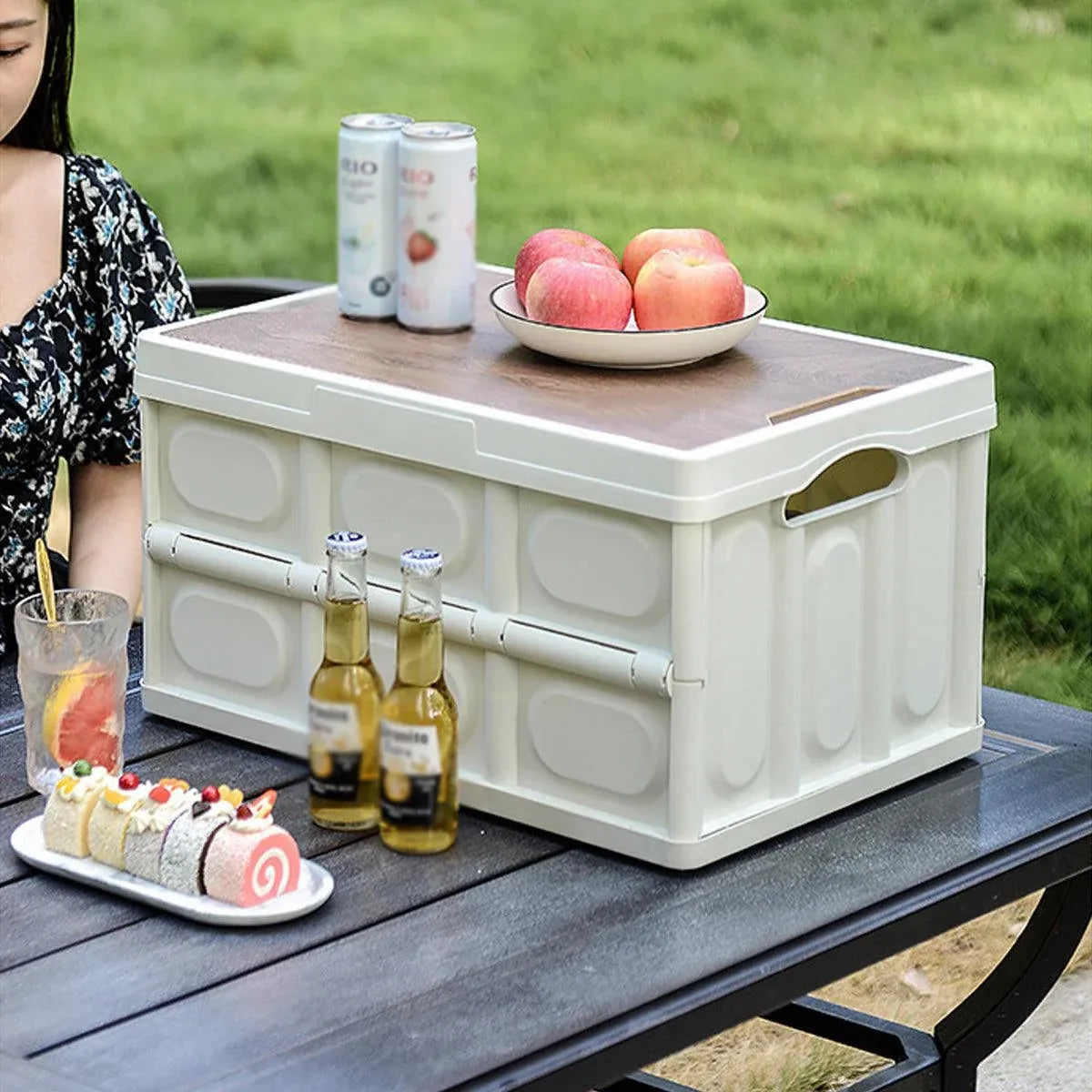 Folding Camping Storage Box Outdoor Stackable Container with Lid Home Organizer - White