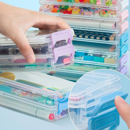 3PCS Clear Plastic Desktop Storage Box 2 Layer Holder DIY Stationery Pencil Case - Yellow