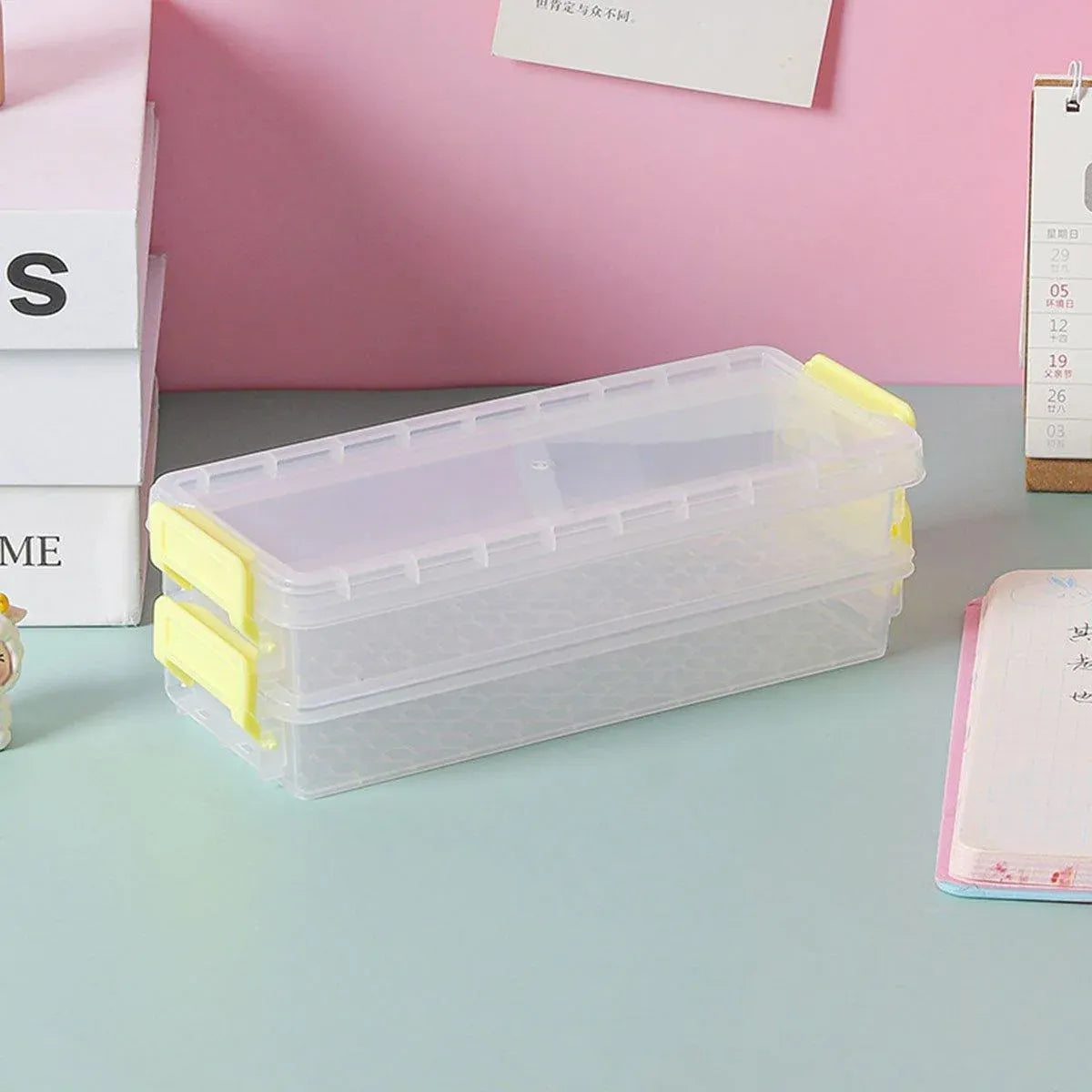 3PCS Clear Plastic Desktop Storage Box 2 Layer Holder DIY Stationery Pencil Case - Yellow