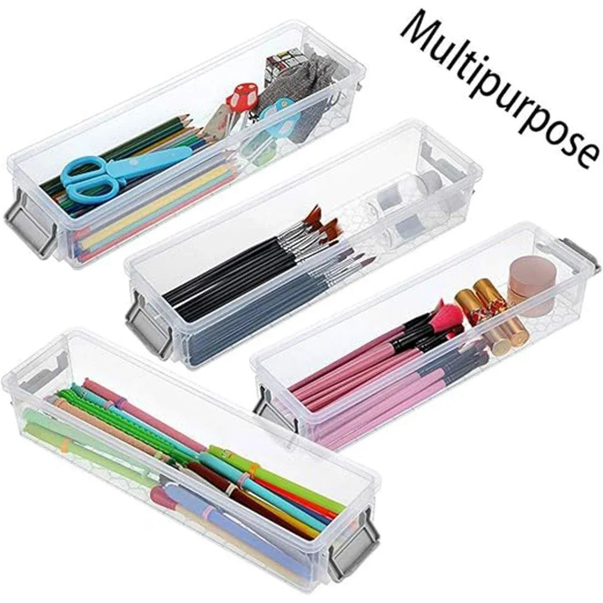 3PCS Clear Plastic Desktop Storage Box 2 Layer Holder DIY Stationery Pencil Case - Yellow