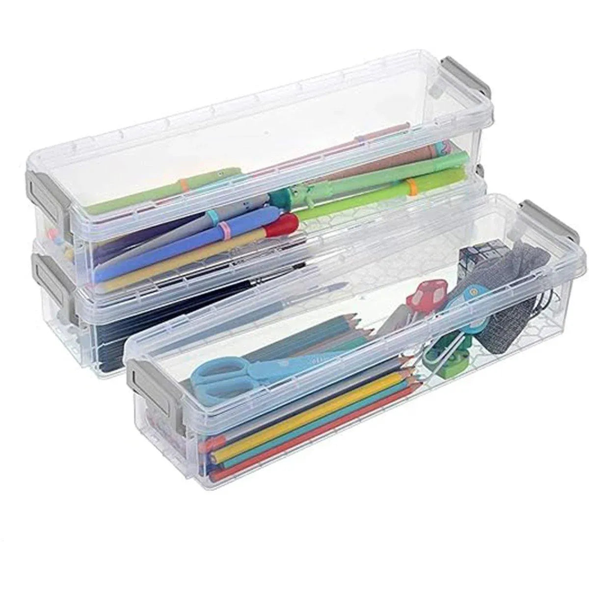 3PCS Clear Plastic Desktop Storage Box 2 Layer Holder DIY Stationery Pencil Case - Yellow