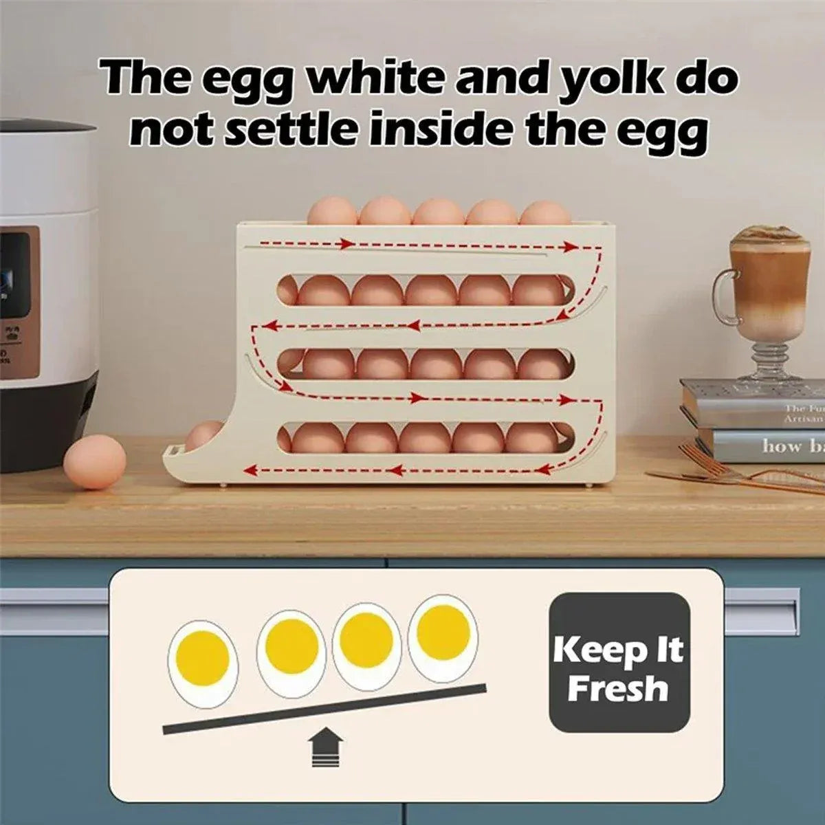 Automatic Scrolling Egg Holder 2/4-Tier Storage Box Container for Refrigerator - Cream (4-Tier)