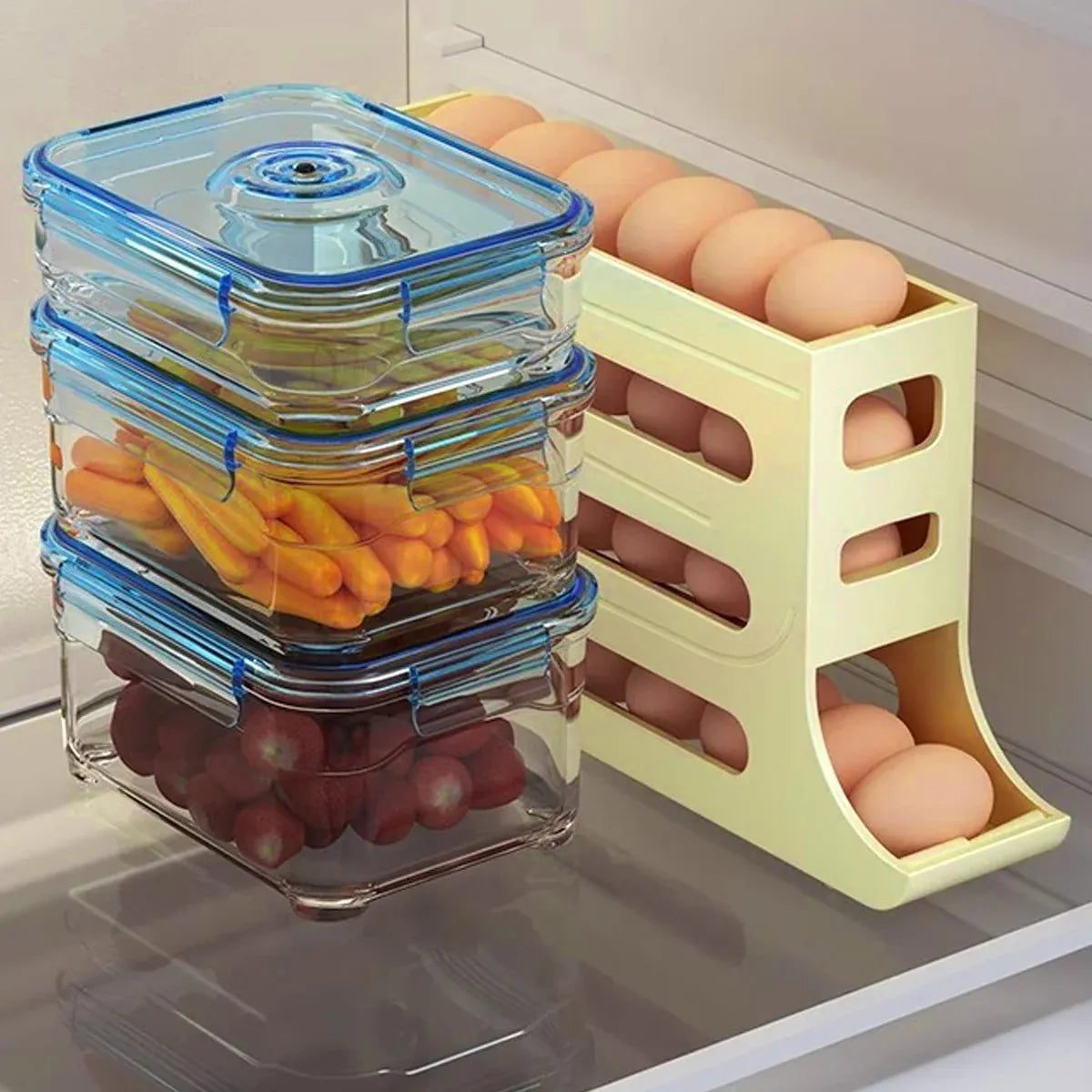 Automatic Scrolling Egg Holder 2/4-Tier Storage Box Container for Refrigerator - Beige(2-Tier)