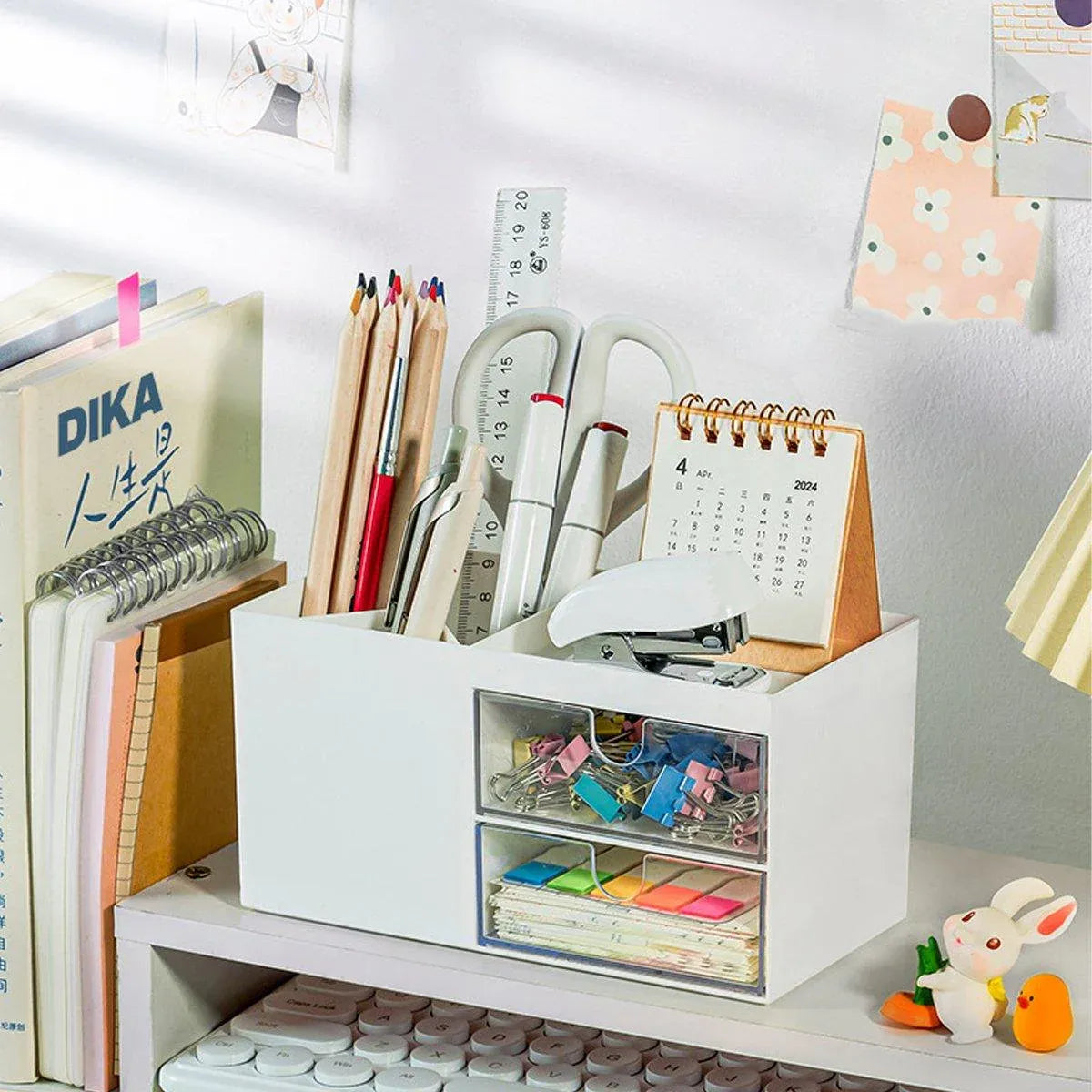 Multifunctional Desktop Organizer with Storage Drawer for Home Office Supplies - Pink
