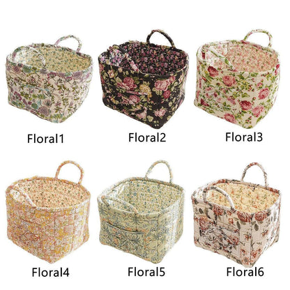 Portable Fabric Storage Basket Korean Pastoral Style Organizer for Home Sundries - Floral2