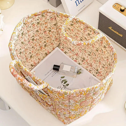 Portable Fabric Storage Basket Korean Pastoral Style Organizer for Home Sundries - Floral2