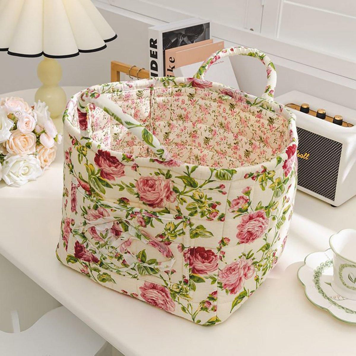 Portable Fabric Storage Basket Korean Pastoral Style Organizer for Home Sundries - Floral2