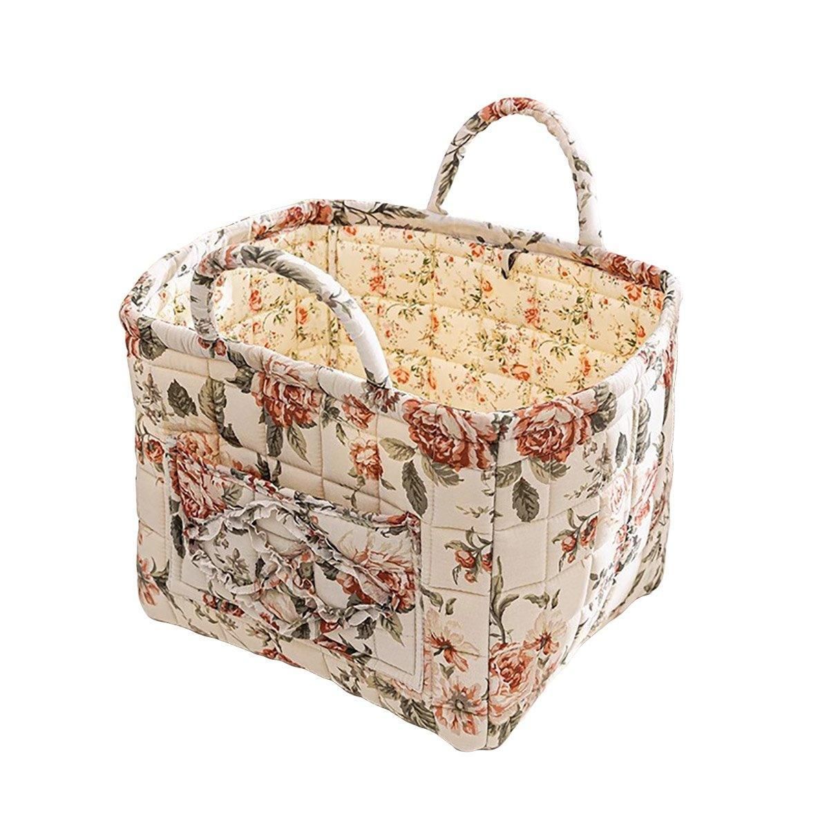 Portable Fabric Storage Basket Korean Pastoral Style Organizer for Home Sundries - Floral6