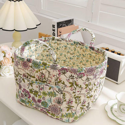 Portable Fabric Storage Basket Korean Pastoral Style Organizer for Home Sundries - Floral6