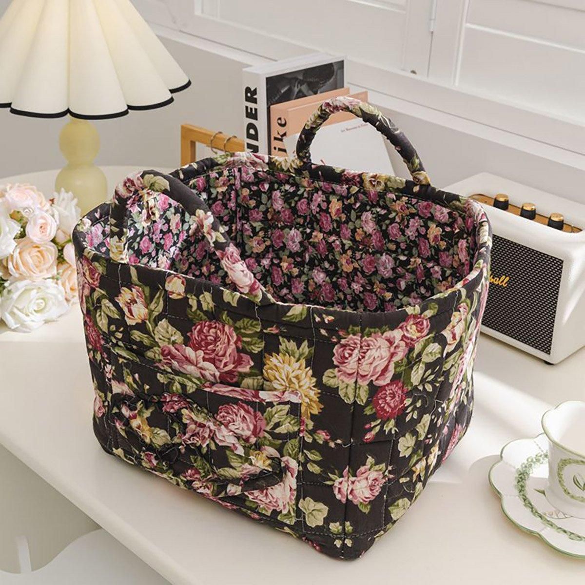 Portable Fabric Storage Basket Korean Pastoral Style Organizer for Home Sundries - Floral6