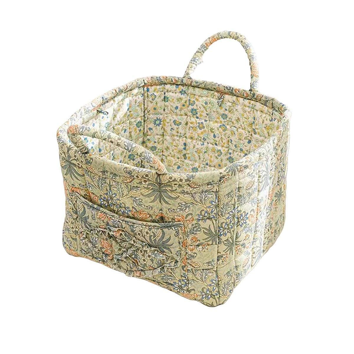 Portable Fabric Storage Basket Korean Pastoral Style Organizer for Home Sundries - Floral5