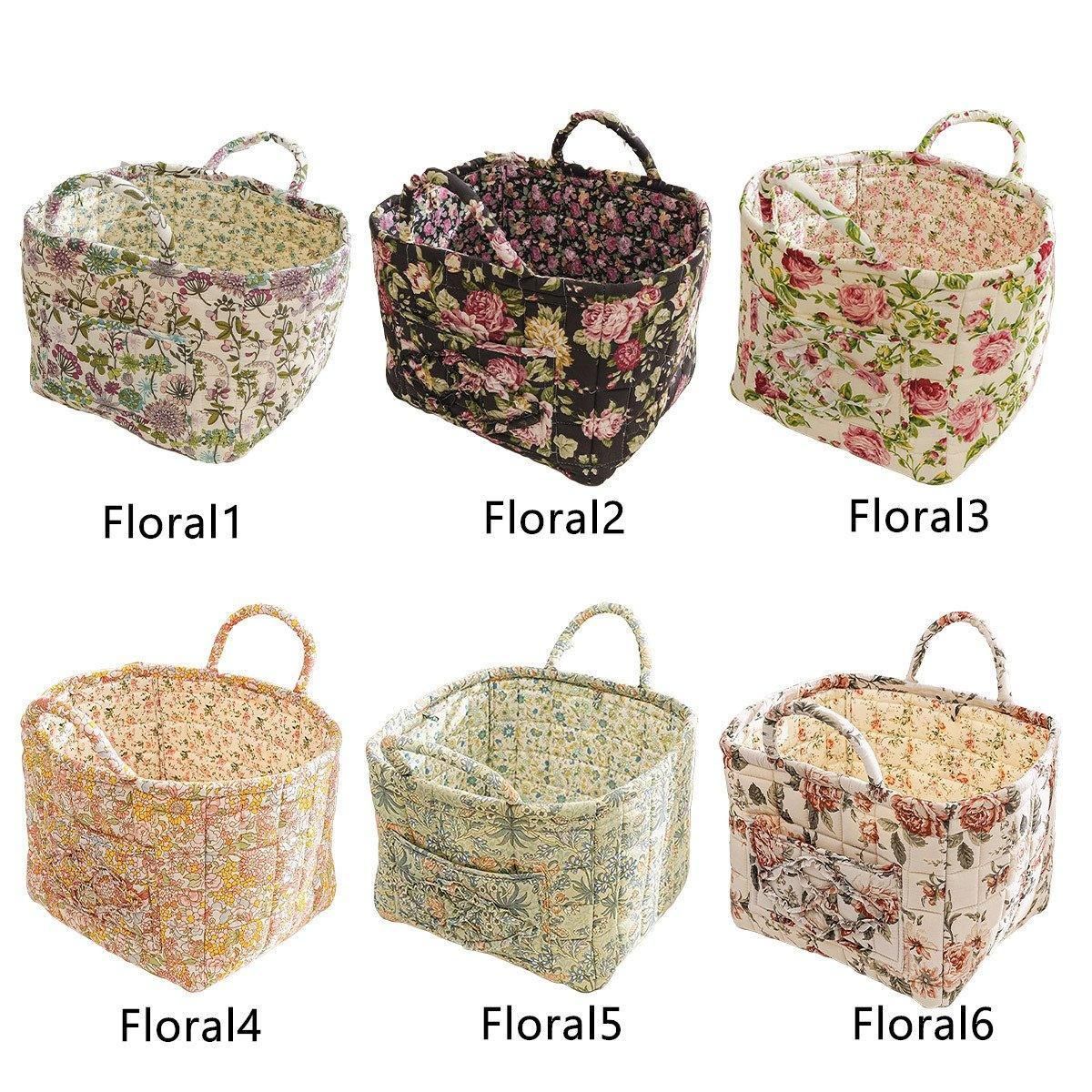 Portable Fabric Storage Basket Korean Pastoral Style Organizer for Home Sundries - Floral5
