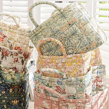 Portable Fabric Storage Basket Korean Pastoral Style Organizer for Home Sundries - Floral5