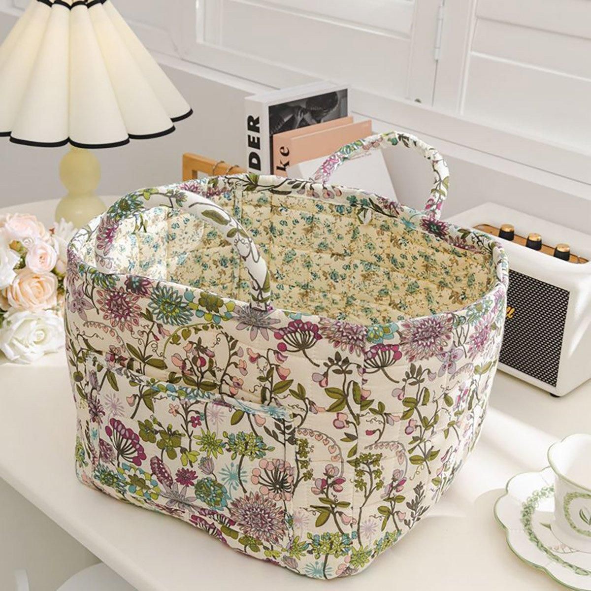 Portable Fabric Storage Basket Korean Pastoral Style Organizer for Home Sundries - Floral5