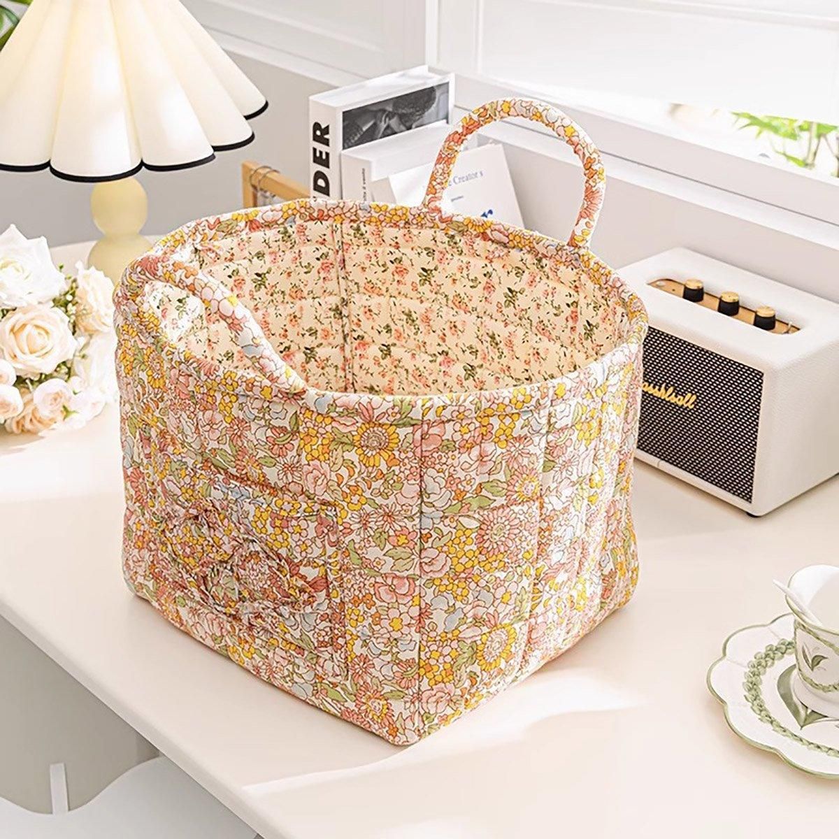 Portable Fabric Storage Basket Korean Pastoral Style Organizer for Home Sundries - Floral5