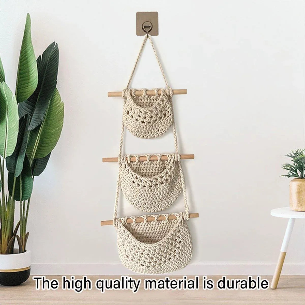 Three Layer Cotton Rope Wall Hanging Basket Door Storage Rack Organizer Bag - Brown