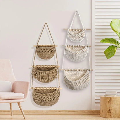 Three Layer Cotton Rope Wall Hanging Basket Door Storage Rack Organizer Bag - Brown